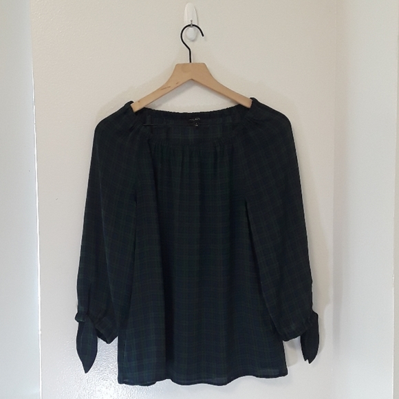 Talbots Blue/Green Plaid Off Shoulder Top- Small - Picture 2 of 7